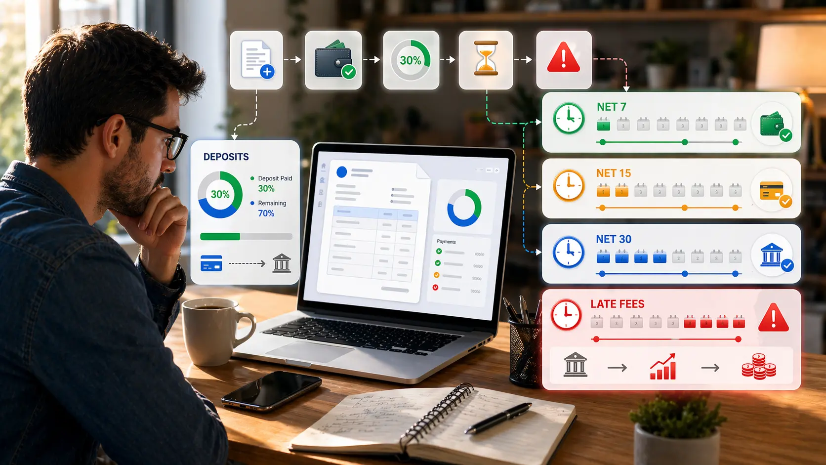Illustration showing invoice payment term options such as Net 7, Net 15, and Net 30